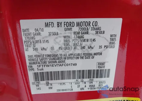 2010 Ford F-150 Fx4/Harley-Davidson/King Ranch/Lariat/Platinum/Xl/Xlt from USA, damaged, VIN 1FTFW1EV7AFC01749